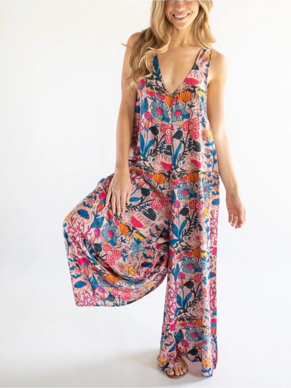 Natural Life Let’s Just Go Wide Leg Jumpsuit Pink Floral Boho Art to Wear Earthy